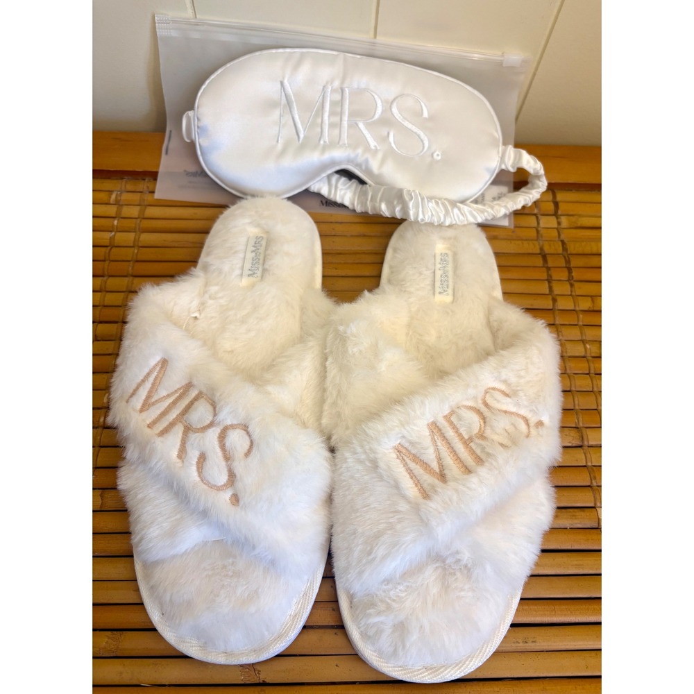 Miss to Mrs Bridal Set White Faux Fur Slippers and Satin Eye Mask MRS Embroidery